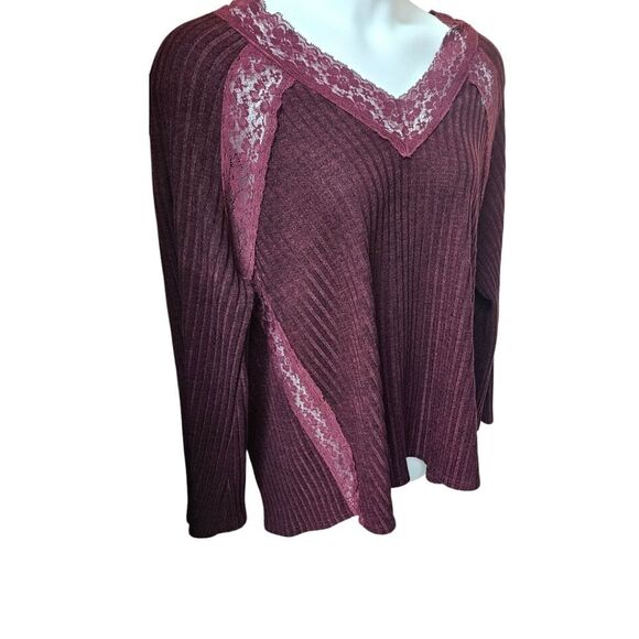 SUSAN BETRO Women's Deep Purple Lacy LongSleeve Ribbed V- Neck Sweater Size 2X - Picture 7 of 15